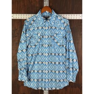 Panhandle Cowboy Aztec Ranch‎ Western Pearl Snap Shirt Powder Blue Men Small EUC